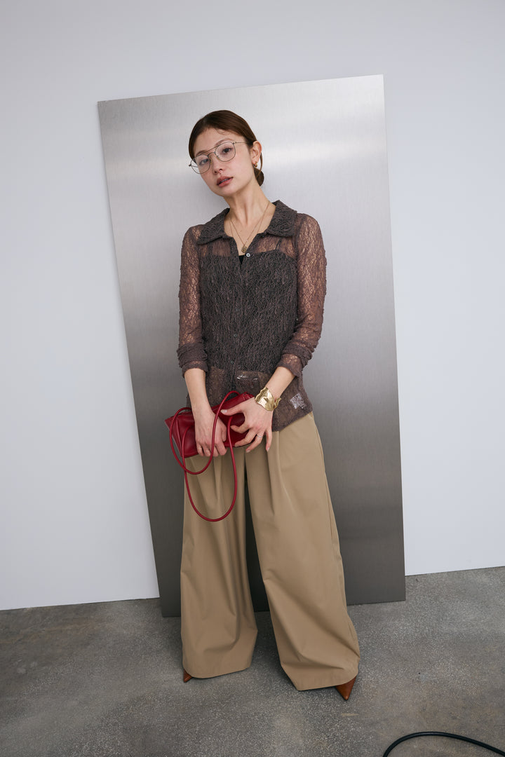 [予約/SET]シアーレース襟付きカーデ+ハイウエストタックワイドパンツ(2set)