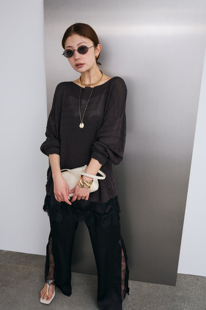 [予約/SET]ボートネックテクスチャーボーダーサマーニット+レーストリムキャミ+スリットレースサテンパンツ(3set)