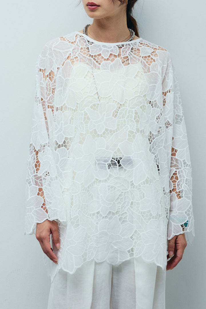 [予約/SET]フラワー刺繍レースフレアブラウス+リネンミックスウエストデザインワイドパンツ(2set)