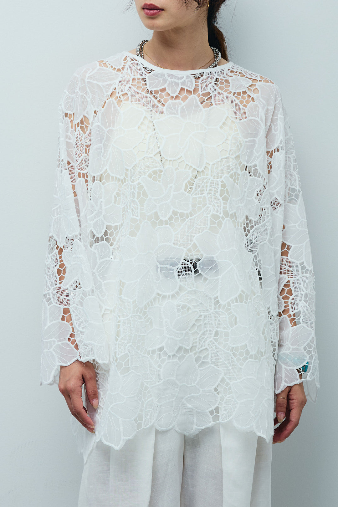 [予約/SET]フラワー刺繍レースフレアブラウス+とろみ切り替えナロースカート(2set)