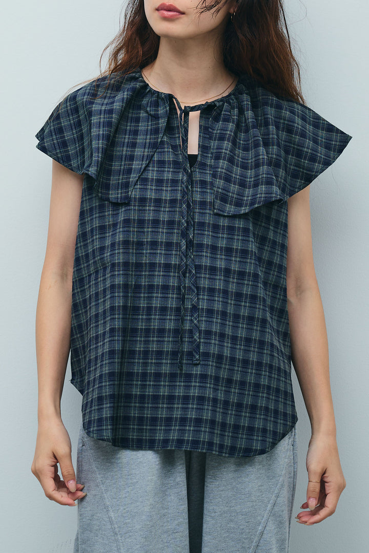 [予約/SET]ビッグカラーチェックブラウス+ミニ裏毛カーブパンツ(2set)