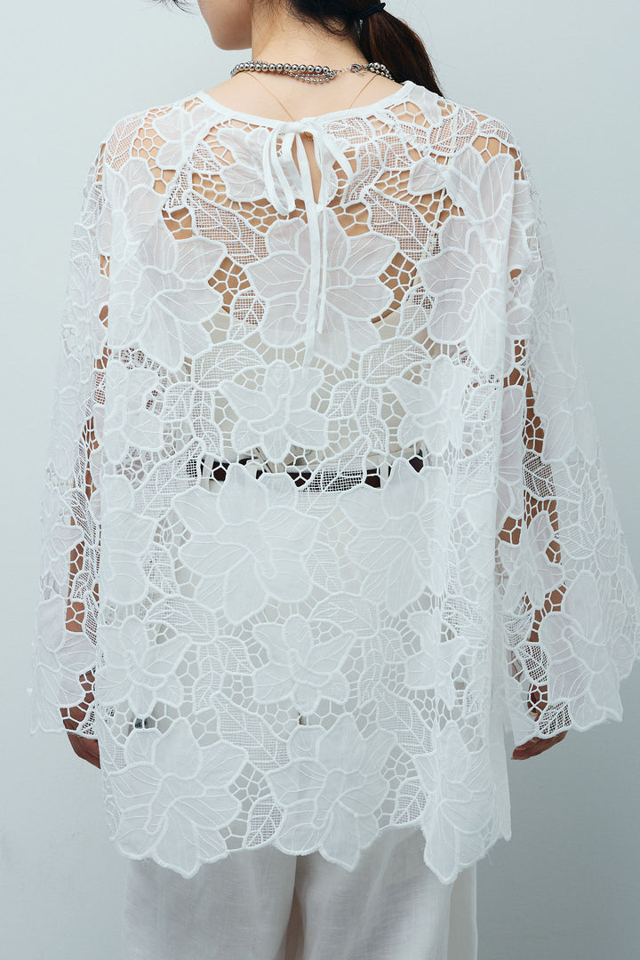 [予約/SET]フラワー刺繍レースフレアブラウス+とろみキャミソール(2set)