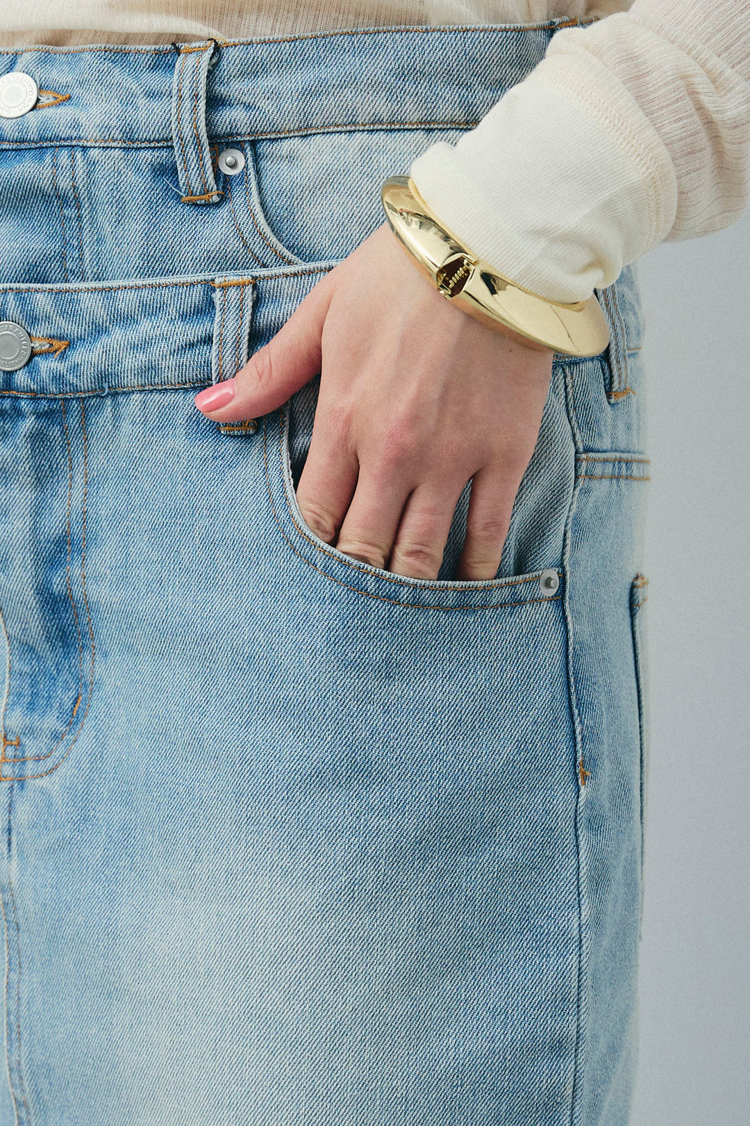 [予約/SET]畦編み金釦ルーズベスト+ダブルウエストデニムスカート(2set)