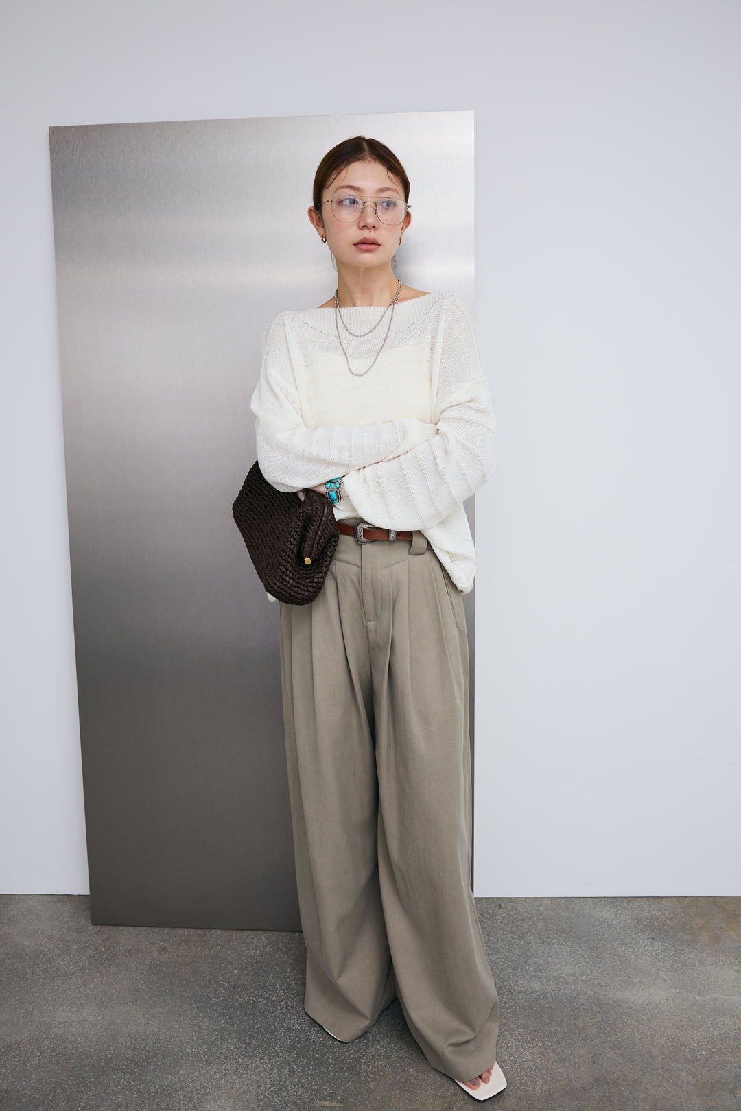 [予約/SET]ボートネックテクスチャーボーダーサマーニット+サイドベルトタックパンツ(2set)