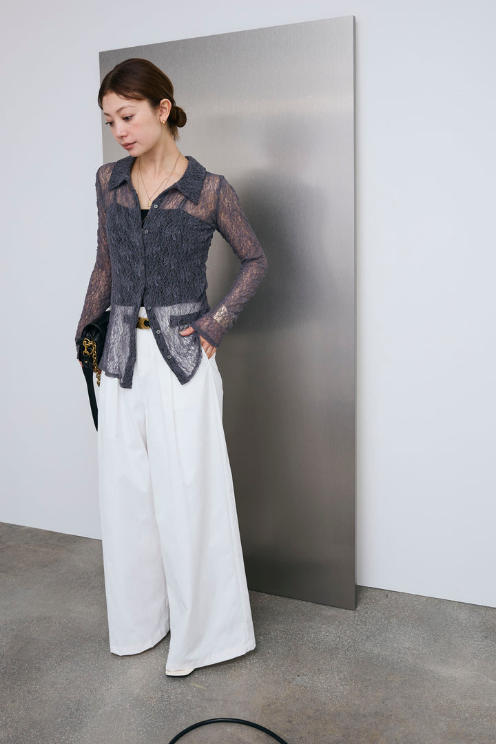 [予約/SET]シアーレース襟付きカーデ+ハイウエストタックワイドパンツ(2set)