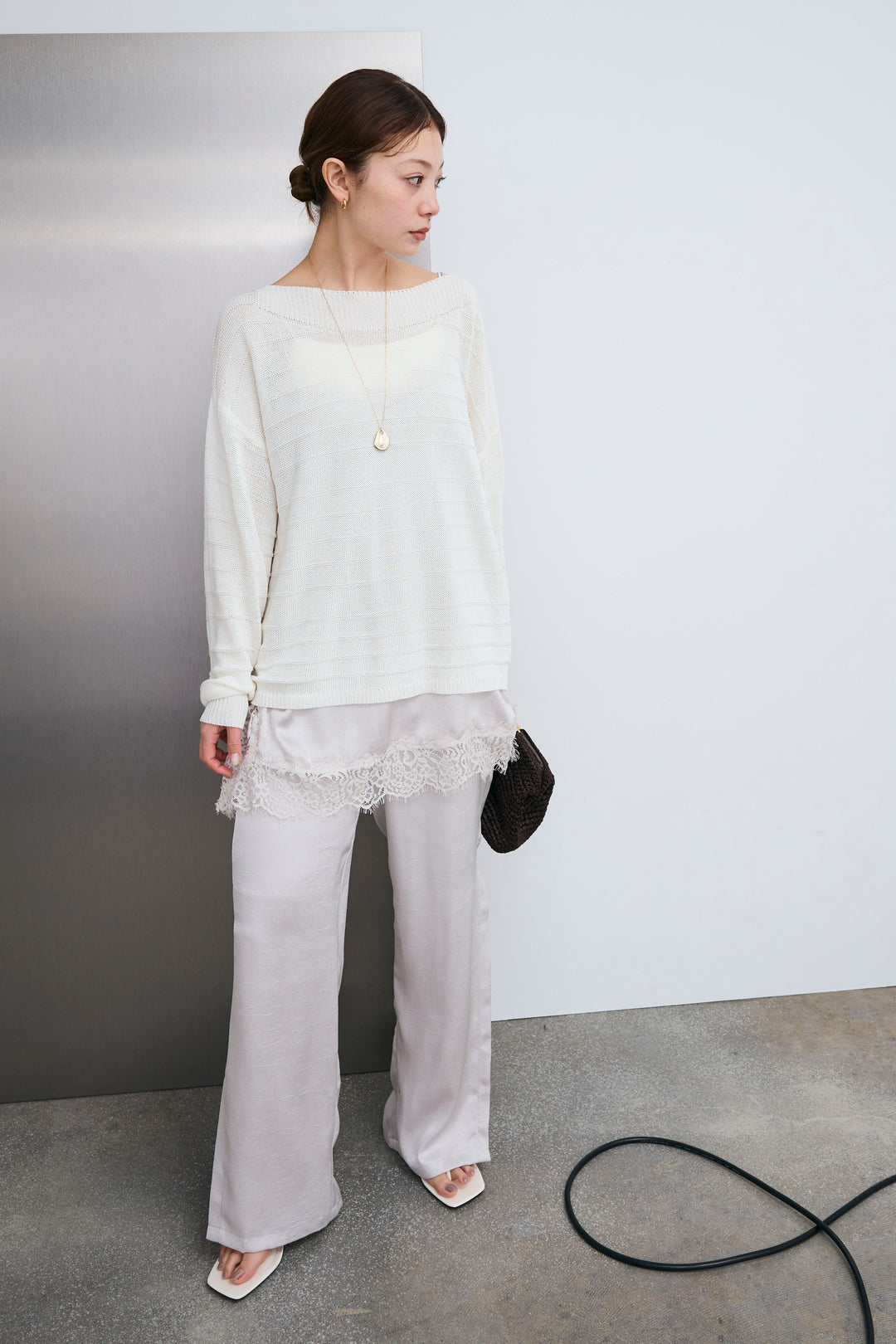 [予約/SET]ボートネックテクスチャーボーダーサマーニット+スリットレースサテンパンツ(2set)
