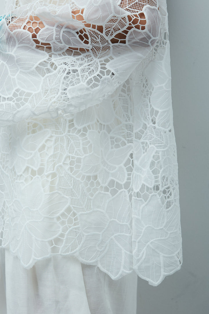 [予約/SET]フラワー刺繍レースフレアブラウス+リネンミックスウエストデザインワイドパンツ(2set)