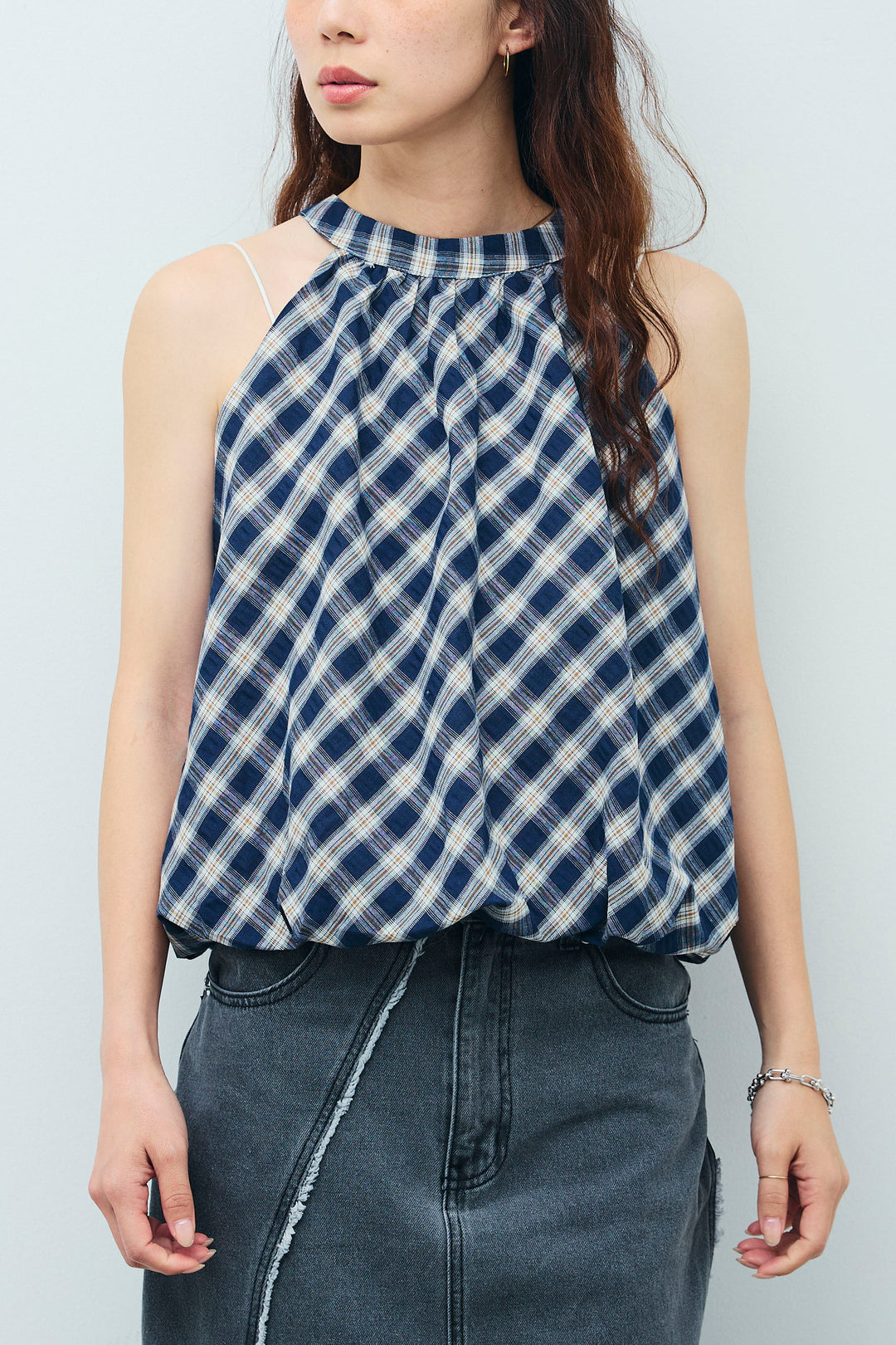 [予約]チェック柄バルーンアメスリブラウス