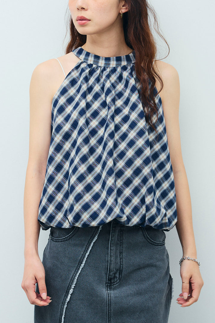 [予約]チェック柄バルーンアメスリブラウス