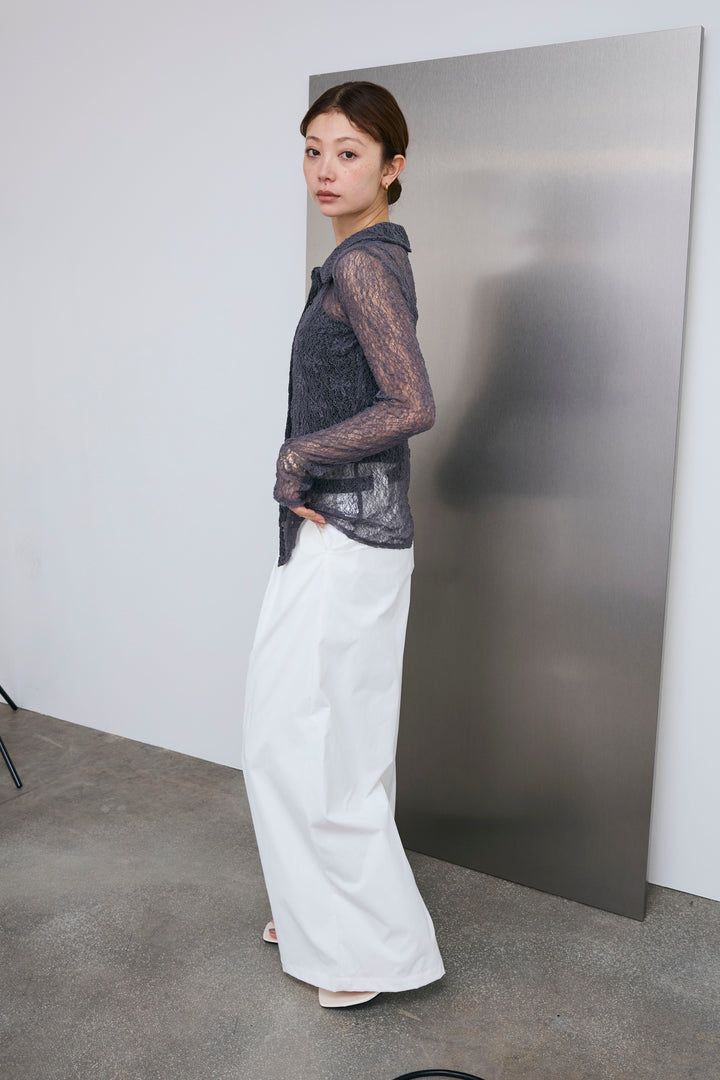 [予約/SET]シアーレース襟付きカーデ+ハイウエストタックワイドパンツ(2set)