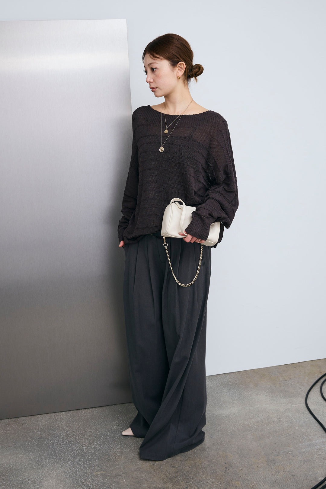 [予約/SET]ボートネックテクスチャーボーダーサマーニット+サイドベルトタックパンツ(2set)