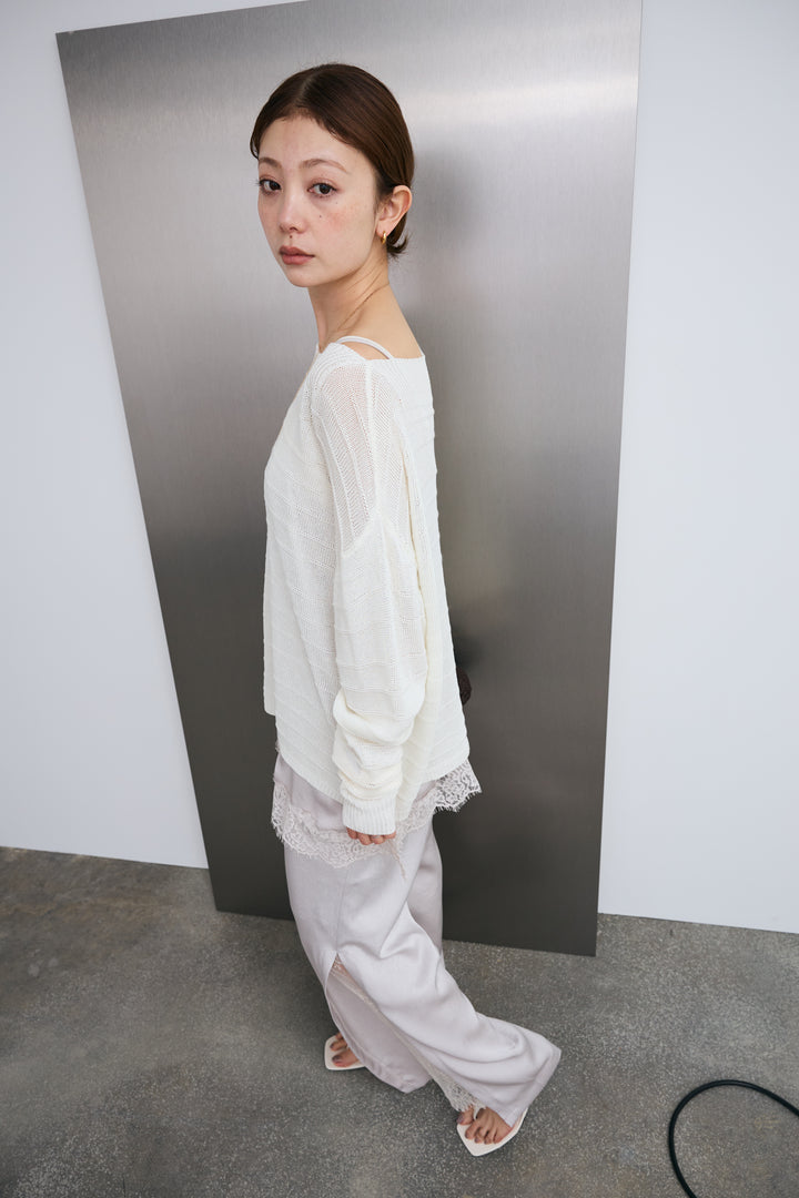 [予約/SET]ボートネックテクスチャーボーダーサマーニット+スリットレースサテンパンツ(2set)