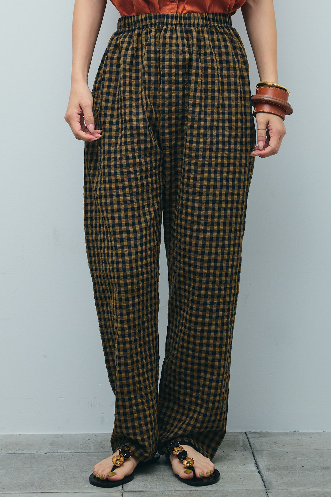 [予約/SET]アシメフリルノースリブラウス+チェックサッカー地パンツ(2set)