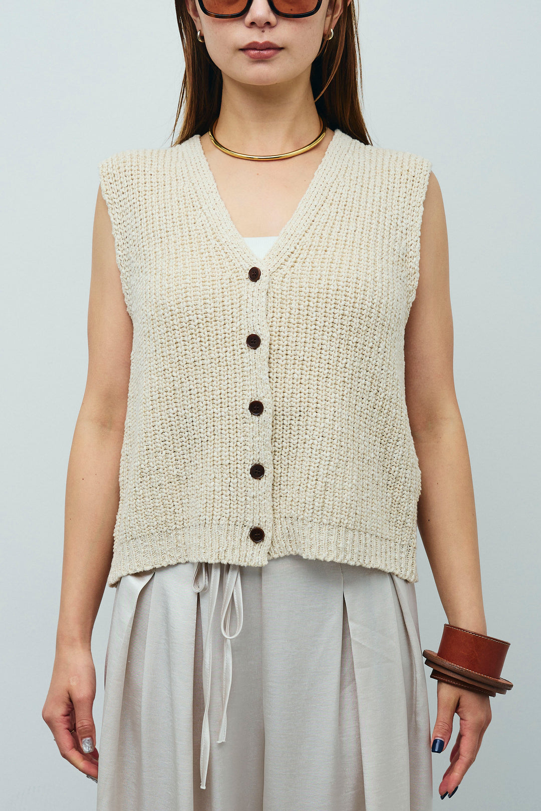 [予約/SET]Vネックサマーニットベスト+ウエストドロストサテンパンツ(2set)