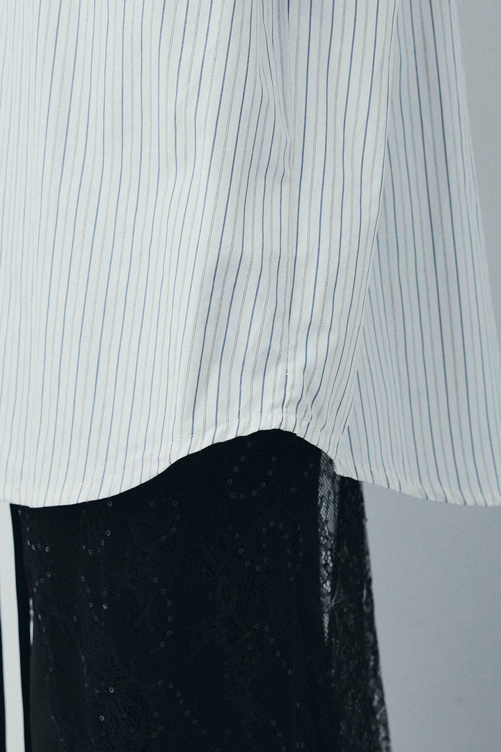 [予約/SET]ビッグカフスオーバーサイズシャツ+ダンボールニットスカート+ラメレースラップスカート+シルクニットタイ(4set)