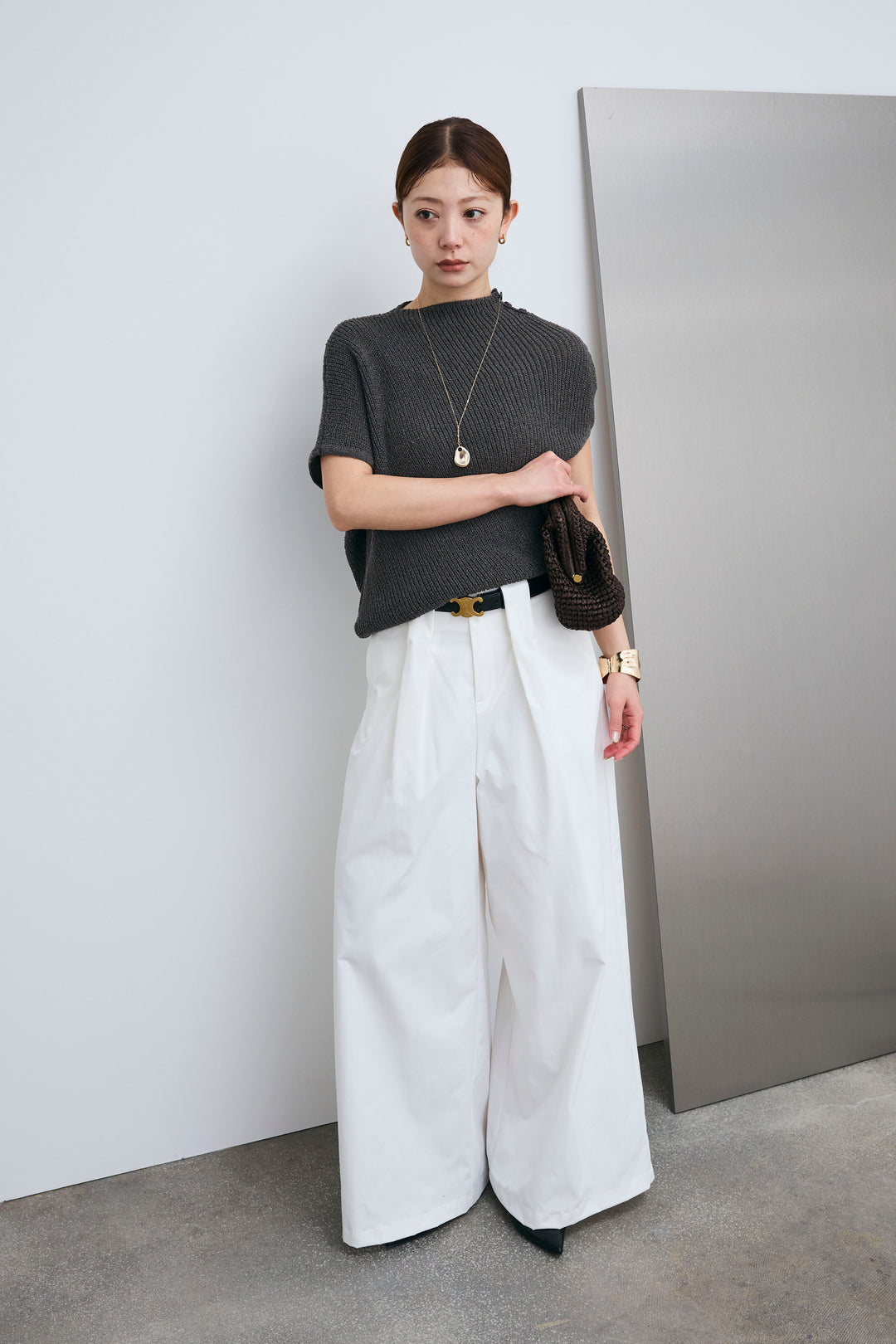 [予約/SET]アシメニットPO+ハイウエストタックワイドパンツ(2set)