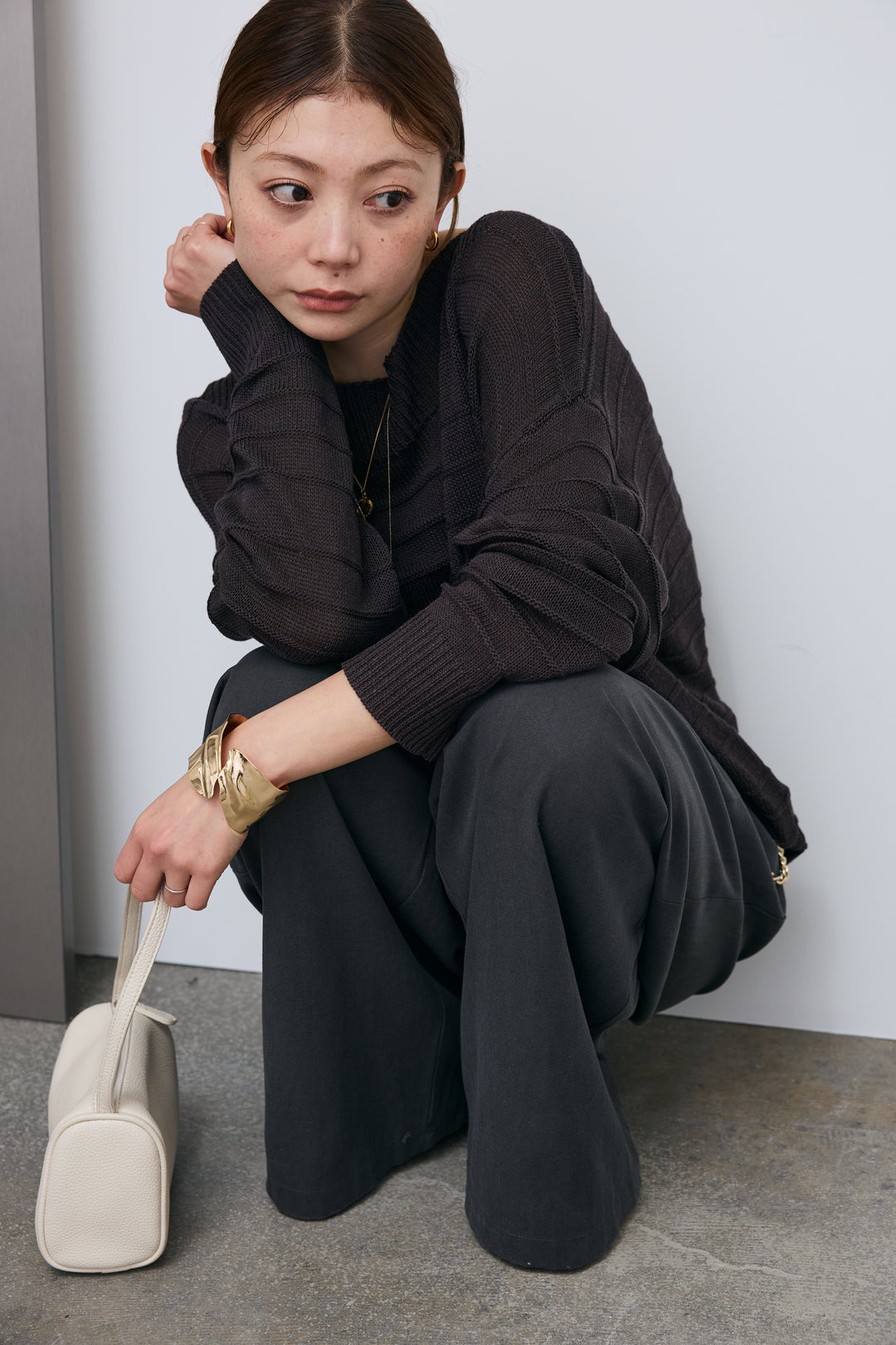 [予約/SET]ボートネックテクスチャーボーダーサマーニット+サイドベルトタックパンツ(2set)