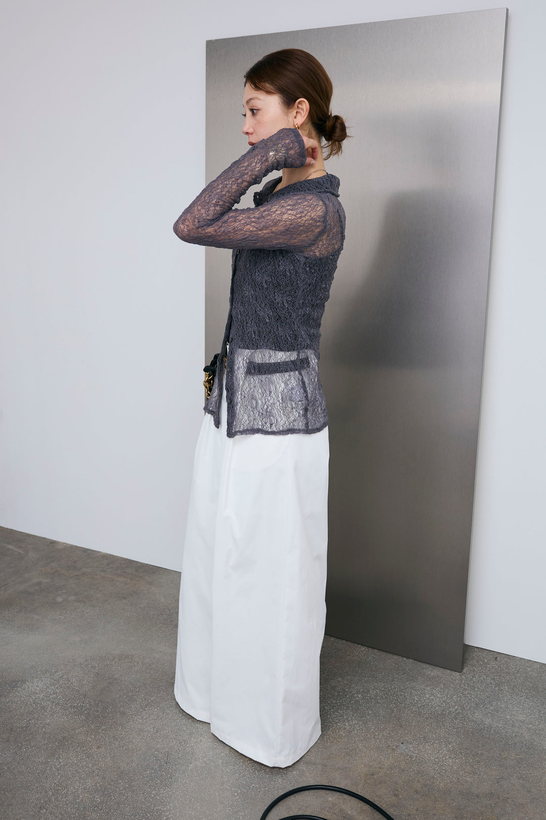 [予約/SET]シアーレース襟付きカーデ+ハイウエストタックワイドパンツ(2set)