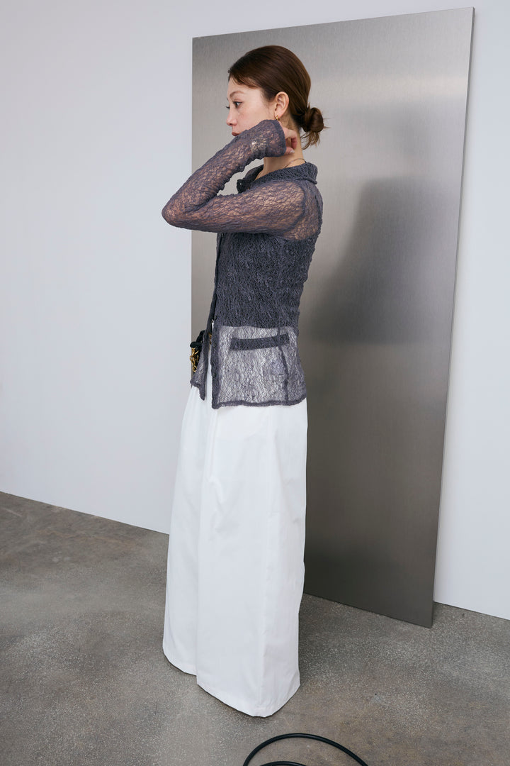 [予約/SET]シアーレース襟付きカーデ+ハイウエストタックワイドパンツ(2set)