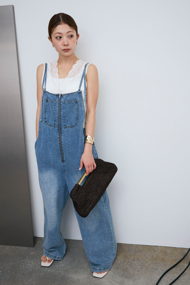 [予約/SET]レーストリムサテンノースリーブブラウス+フロントジップストラップデザインデニムサロペット(2set)