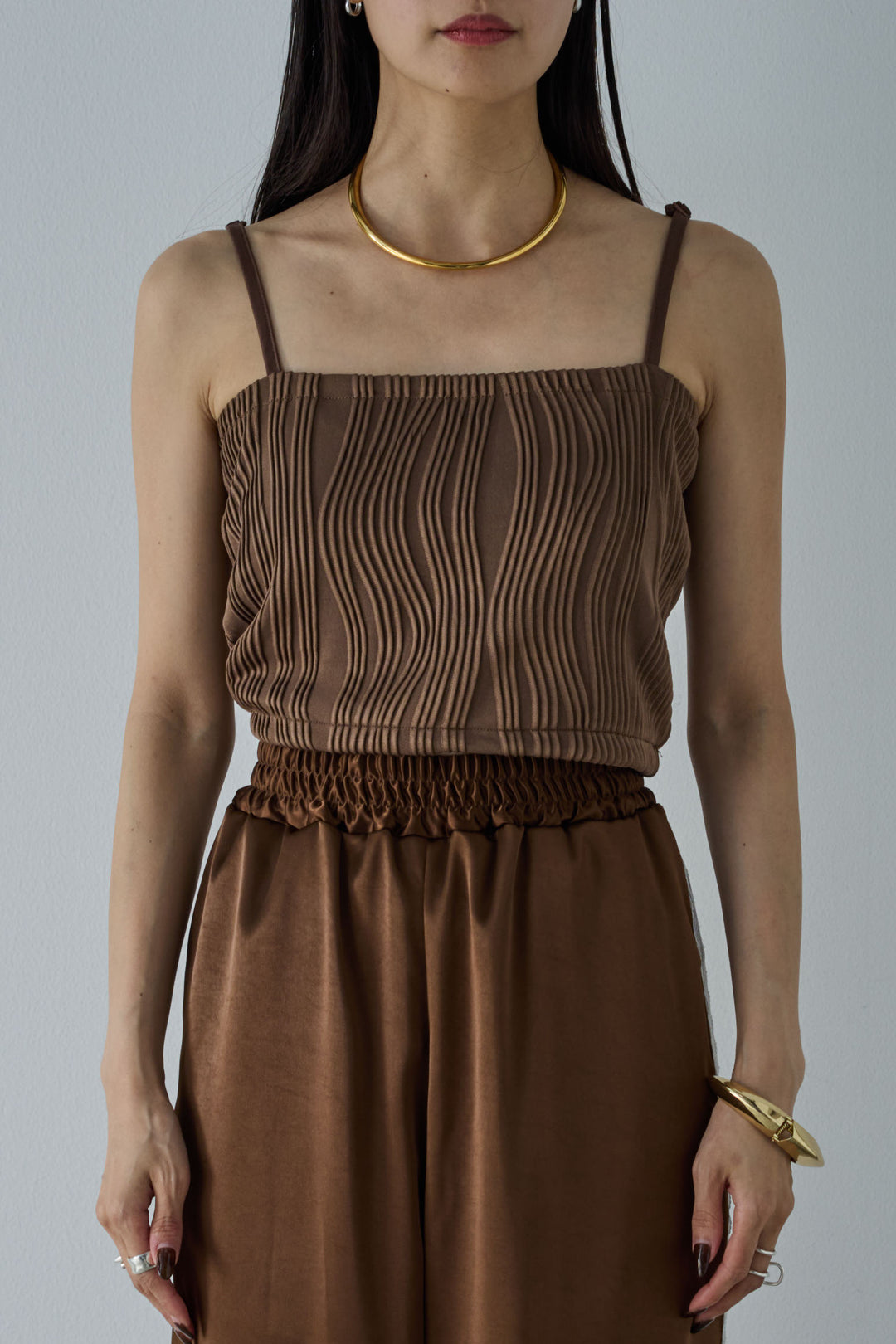 [予約/SET]サマーニットアシンメトリーポンチョ+ウェーブパイピングショートキャミ+サテンレースラインパンツ(3set)