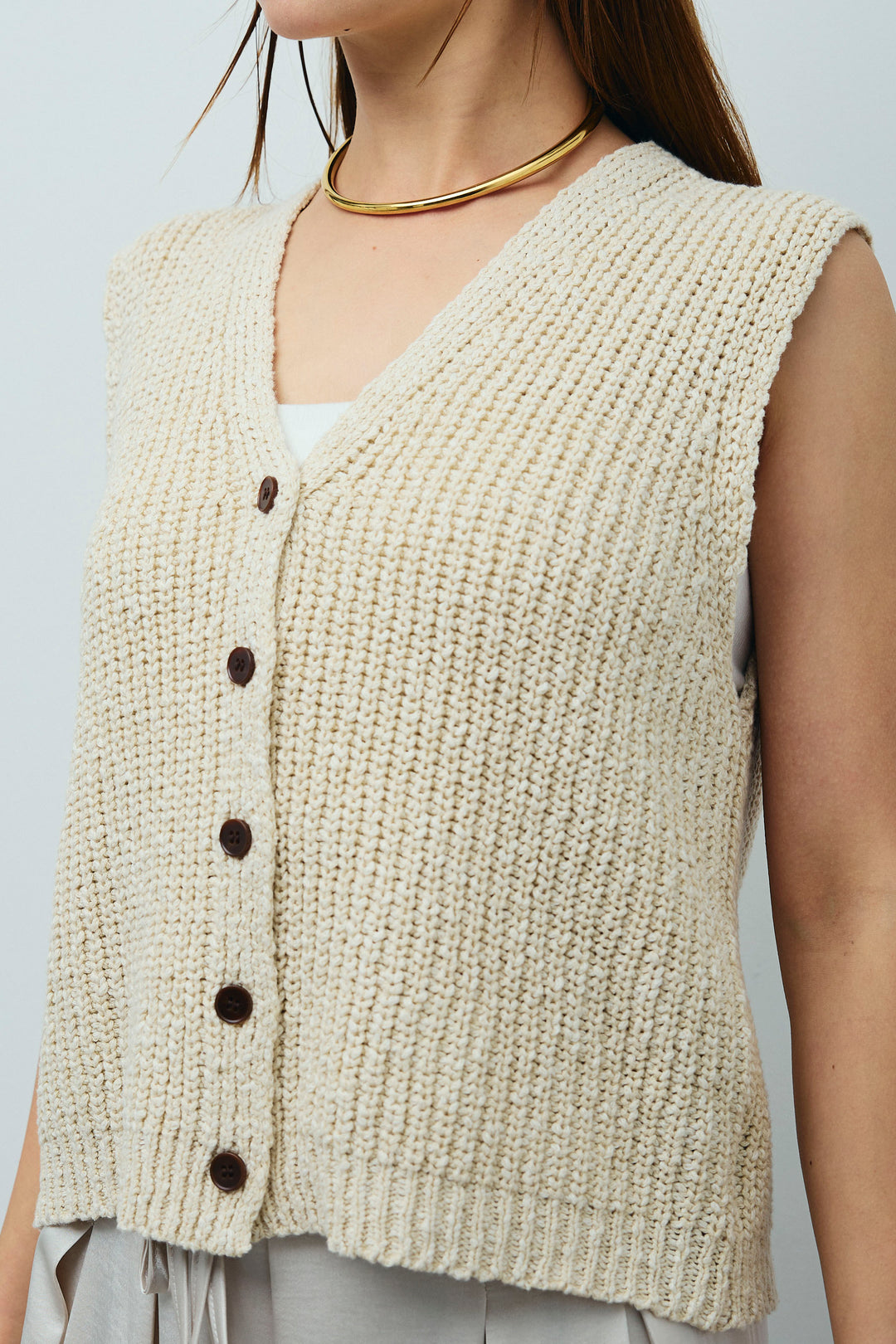 [予約/SET]Vネックサマーニットベスト+ウエストドロストサテンパンツ(2set)