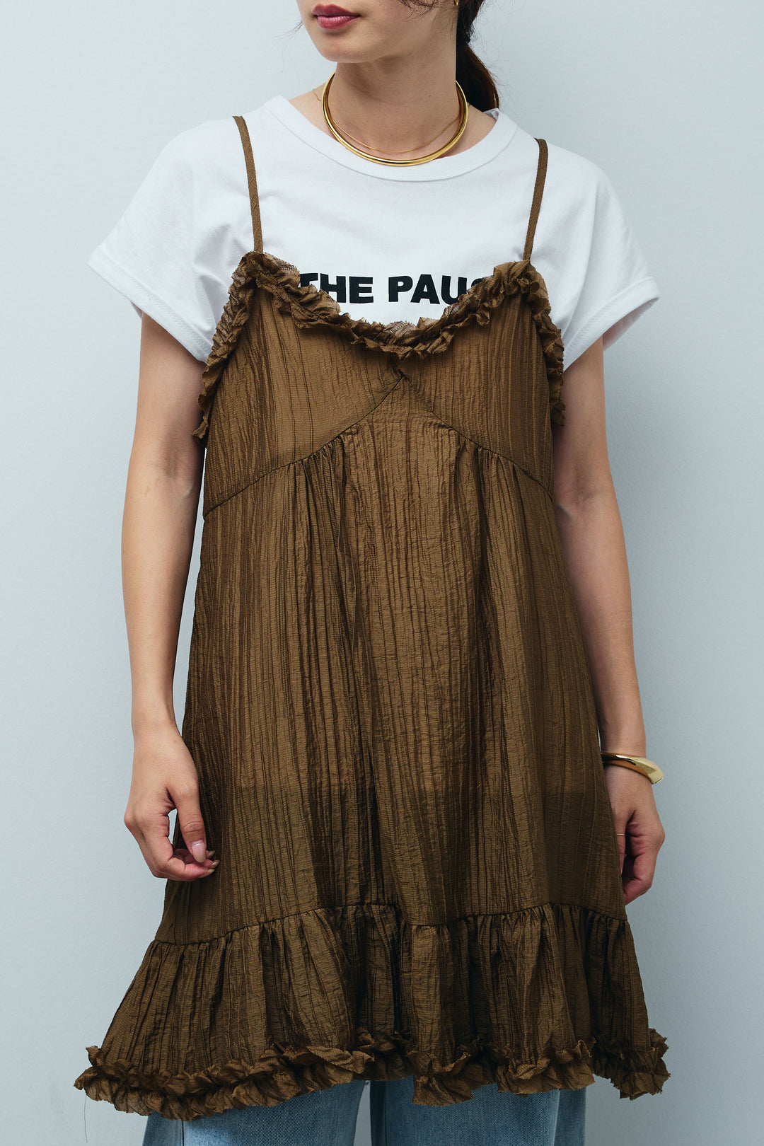 [予約/SET]ハーフスリーブリネン混とろみジャケット+しわ加工フリルキャミチュニック (2set)