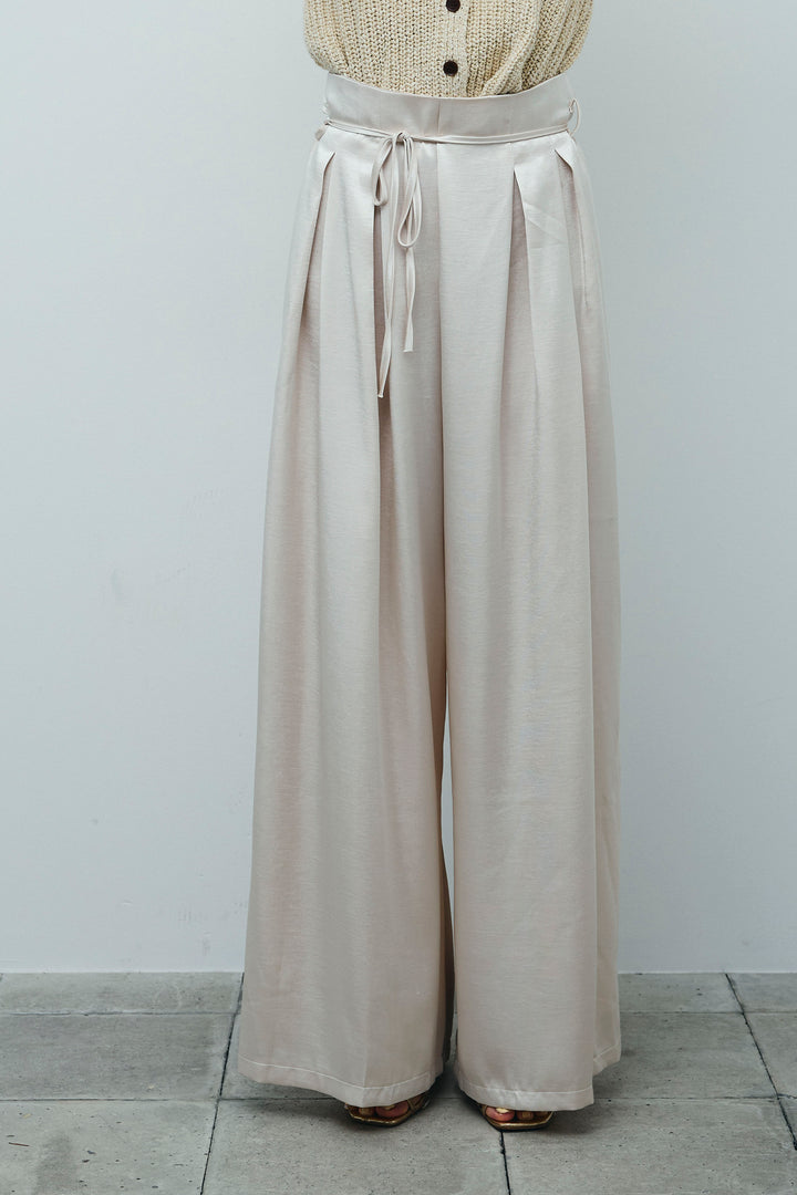 [予約/SET]透かし編みポロニットカーディガン+ウエストドロストサテンパンツ(2set)