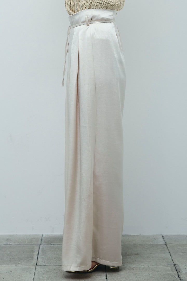 [予約/SET]透かし編みポロニットカーディガン+ウエストドロストサテンパンツ(2set)