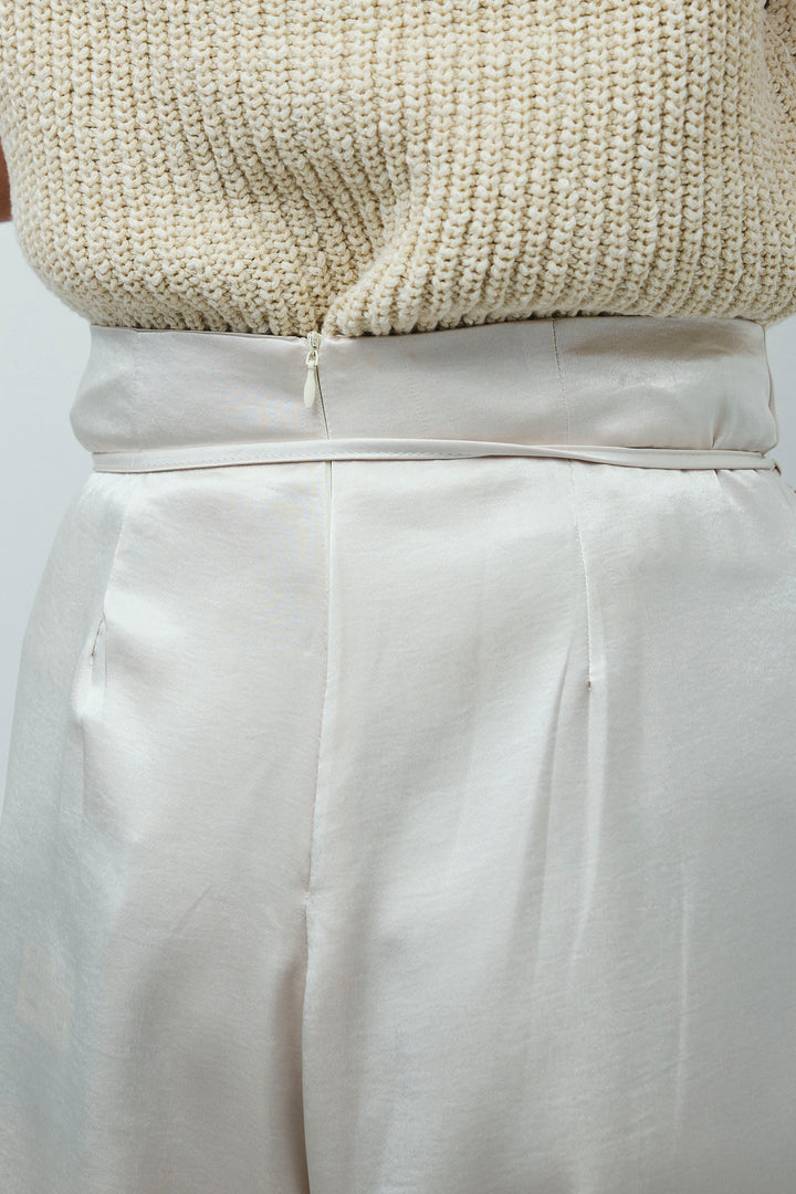 [予約/SET]透かし編みポロニットカーディガン+ウエストドロストサテンパンツ(2set)