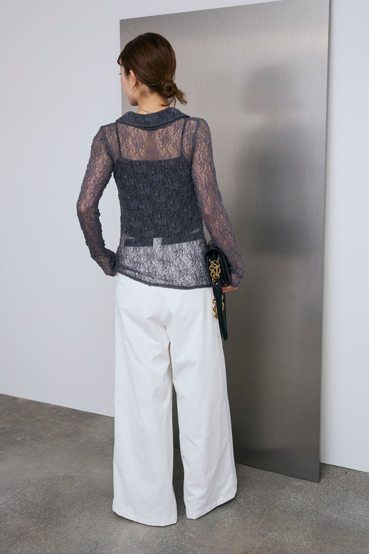 [予約/SET]シアーレース襟付きカーデ+ハイウエストタックワイドパンツ(2set)