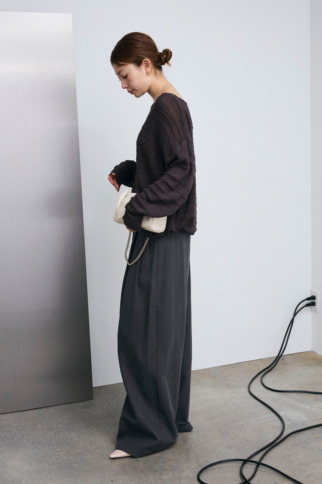 [予約/SET]ボートネックテクスチャーボーダーサマーニット+サイドベルトタックパンツ(2set)