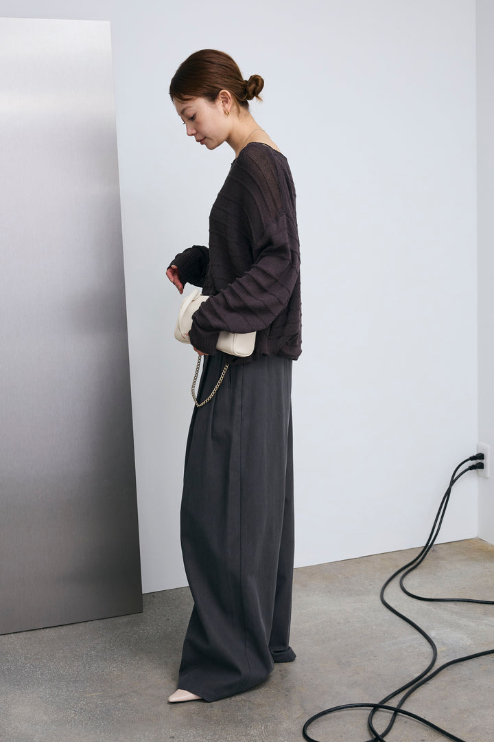 [予約/SET]ボートネックテクスチャーボーダーサマーニット+サイドベルトタックパンツ(2set)