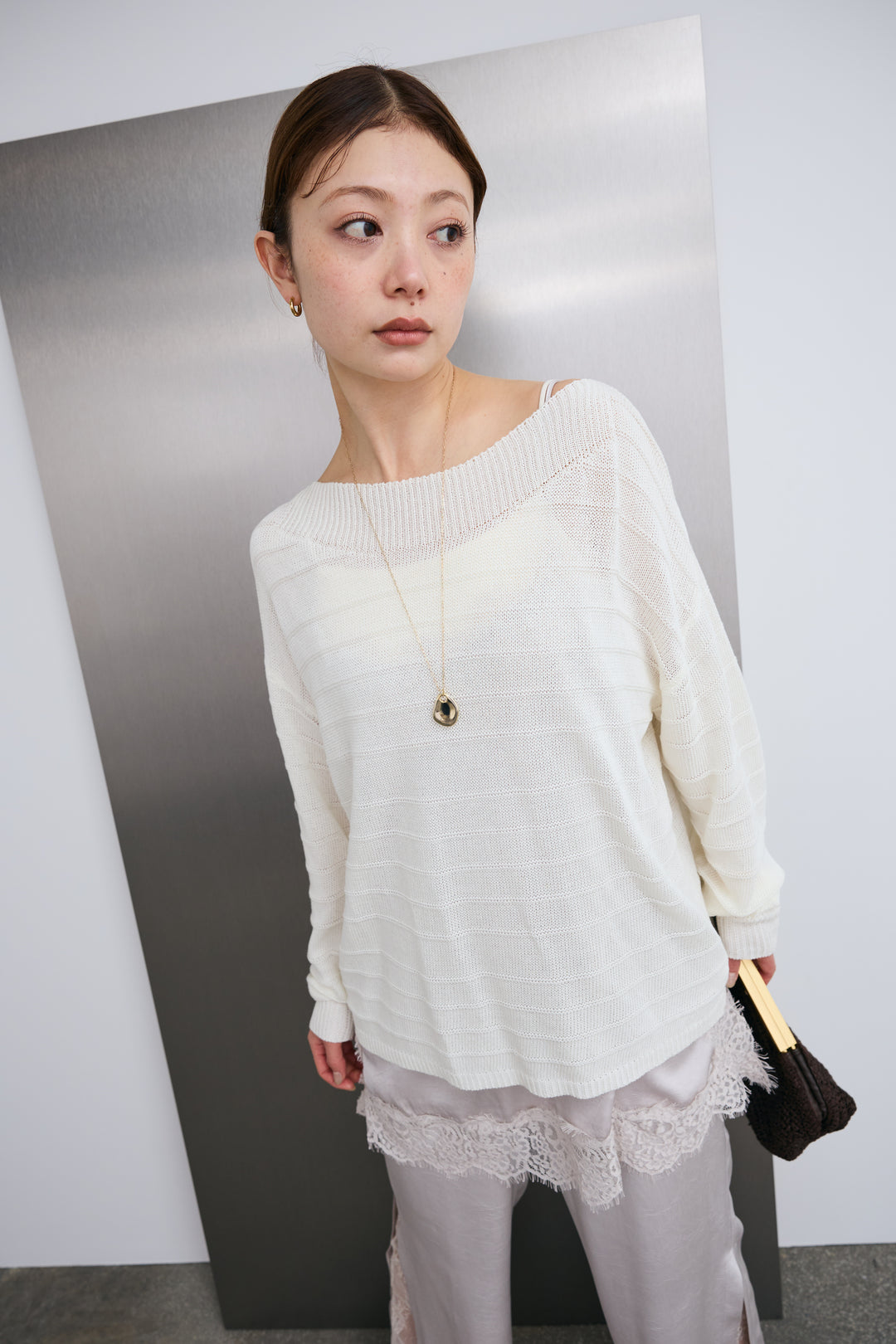 [予約/SET]ボートネックテクスチャーボーダーサマーニット+スリットレースサテンパンツ(2set)