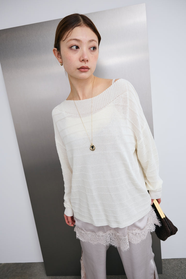 [予約/SET]ボートネックテクスチャーボーダーサマーニット+スリットレースサテンパンツ(2set)