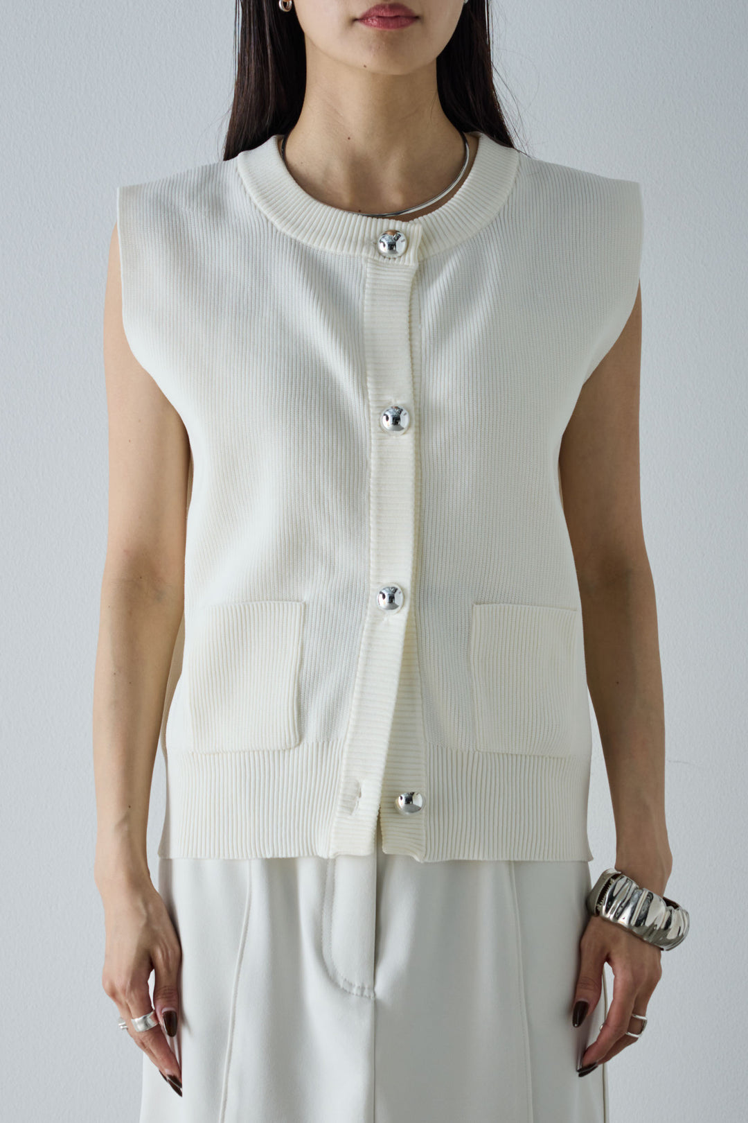 [予約/SET]メタルボタンニットベスト+プリーツシアー切り替えスカート(2set)