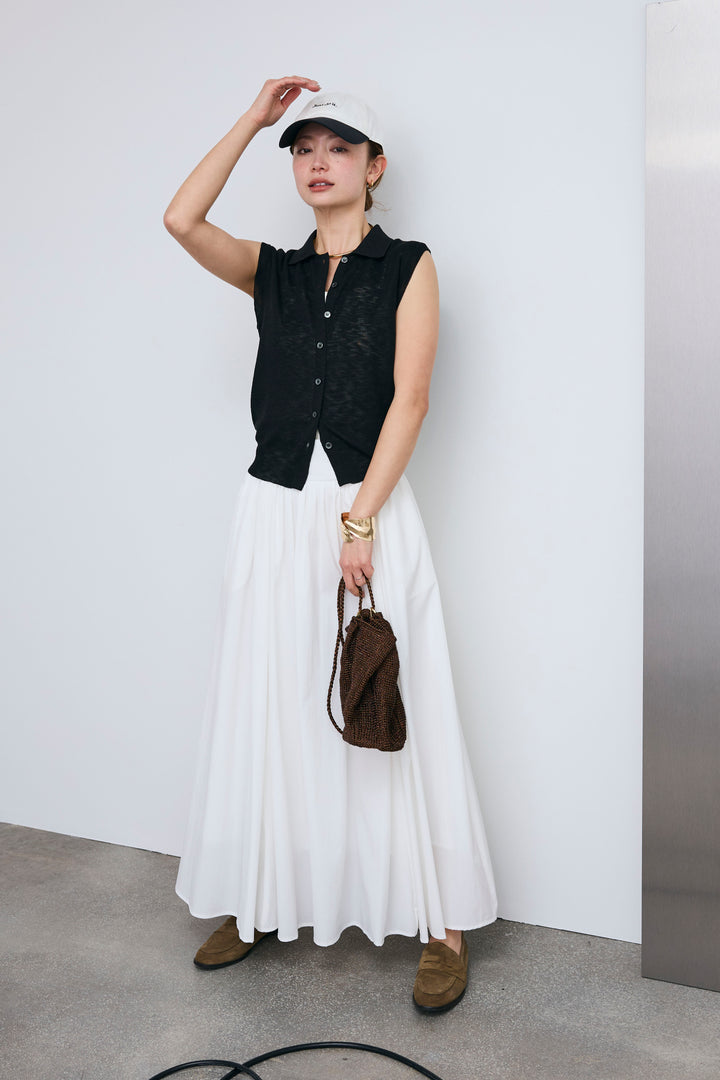 [予約/SET]ノースリーブポロニット+フルギャザーマキシスカート(2set)