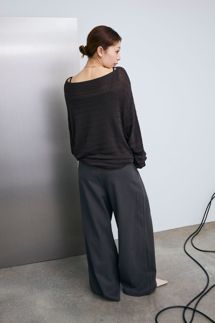 [予約/SET]ボートネックテクスチャーボーダーサマーニット+サイドベルトタックパンツ(2set)