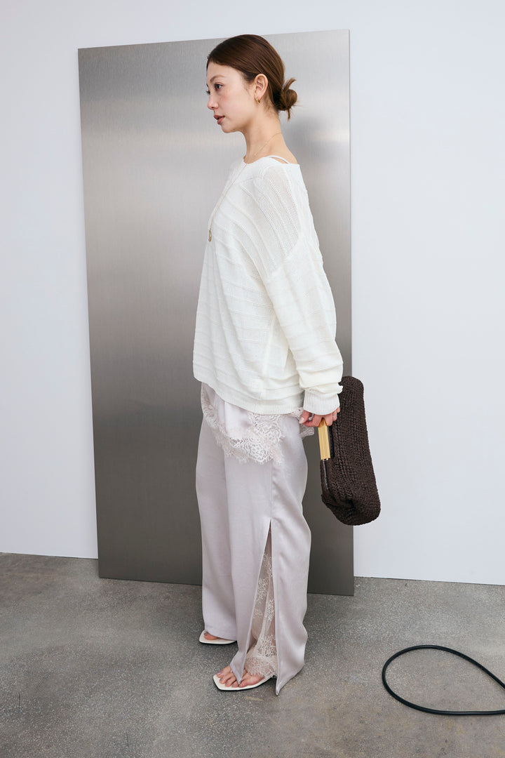 [予約/SET]ボートネックテクスチャーボーダーサマーニット+スリットレースサテンパンツ(2set)