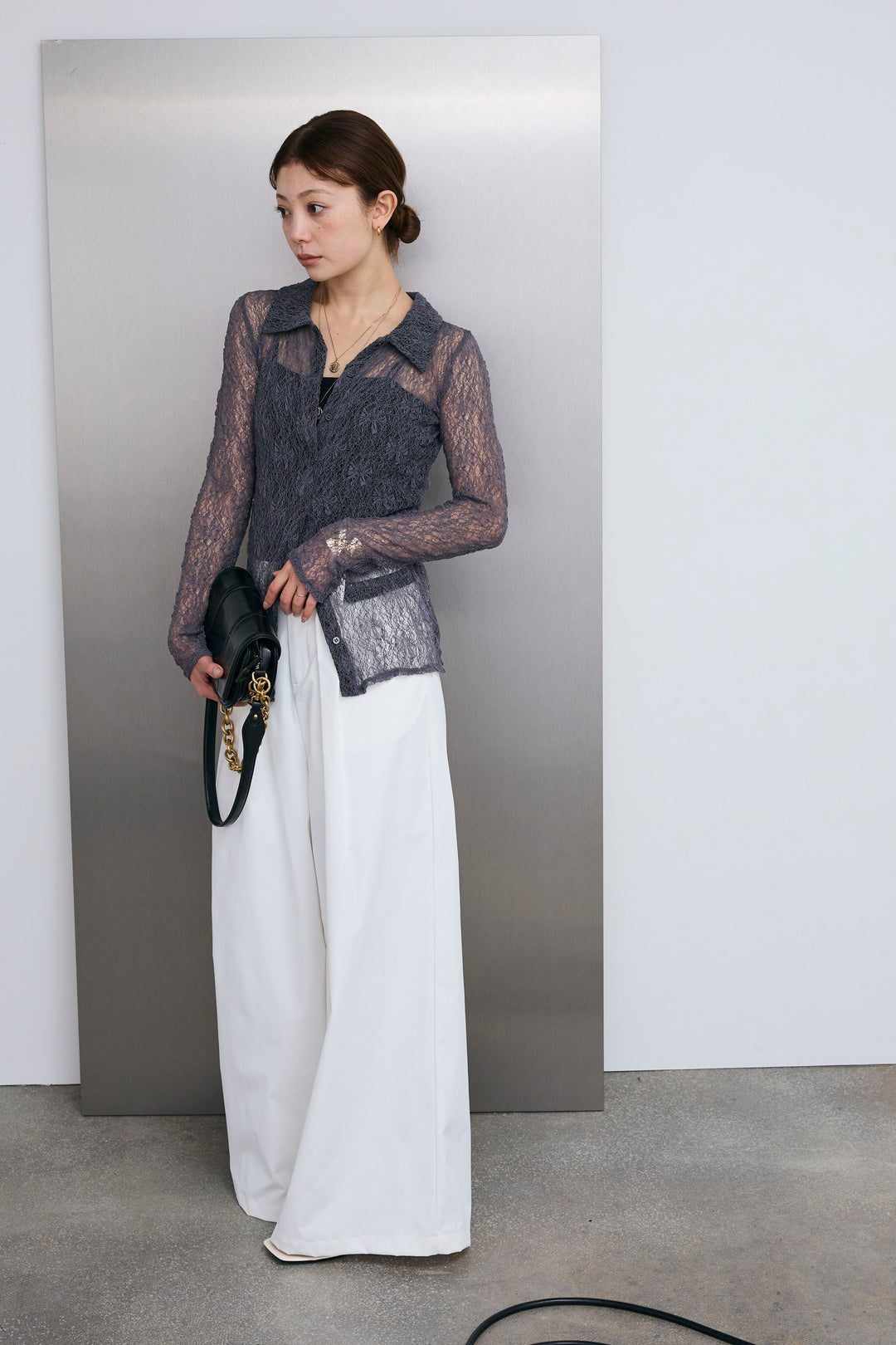 [予約/SET]シアーレース襟付きカーデ+ハイウエストタックワイドパンツ(2set)