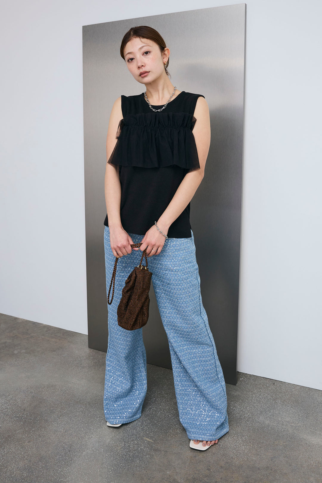 [予約/SET]チュールフリルスポンジニットPO+ニュアンスグリッターデニム(2set)