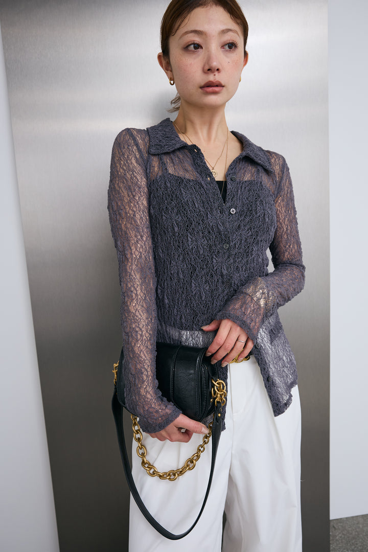 [予約/SET]シアーレース襟付きカーデ+ハイウエストタックワイドパンツ(2set)