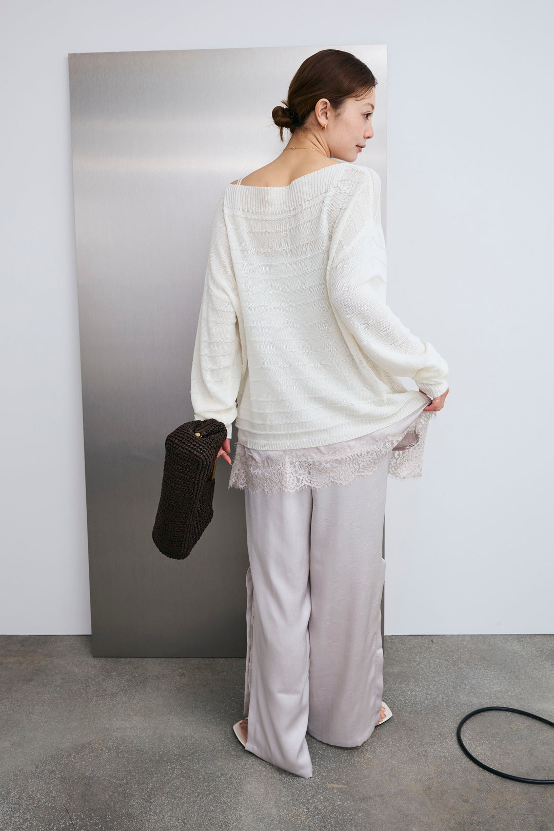 [予約/SET]ボートネックテクスチャーボーダーサマーニット+スリットレースサテンパンツ(2set)