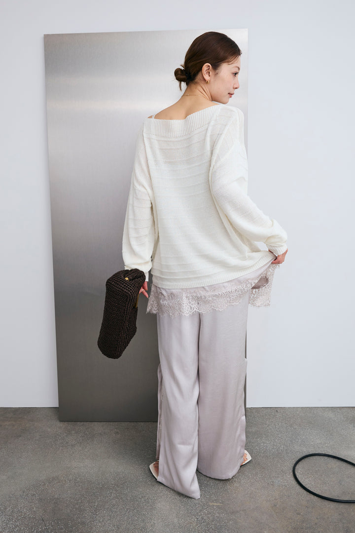 [予約/SET]ボートネックテクスチャーボーダーサマーニット+レーストリムキャミ+スリットレースサテンパンツ(3set)