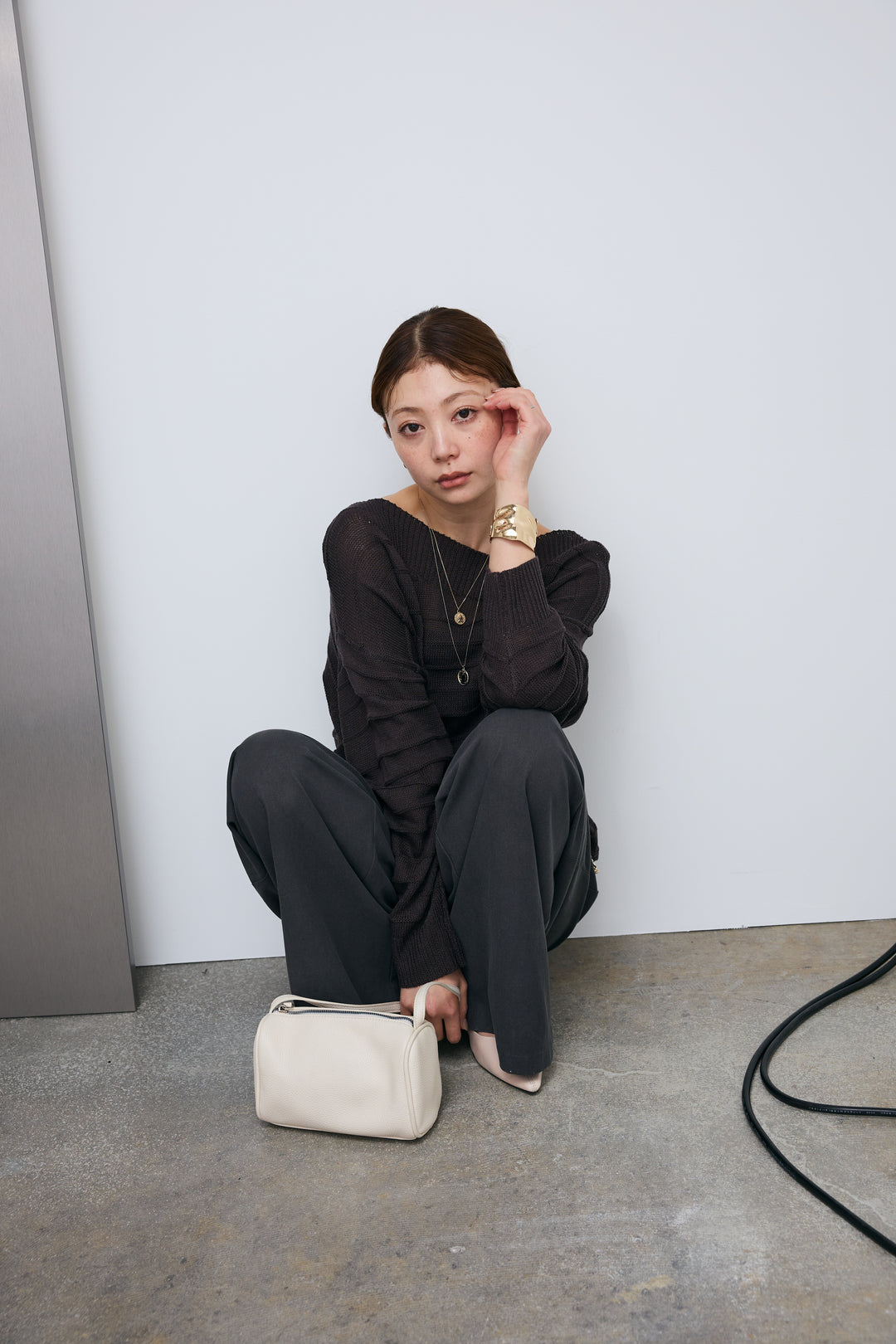 [予約/SET]ボートネックテクスチャーボーダーサマーニット+サイドベルトタックパンツ(2set)