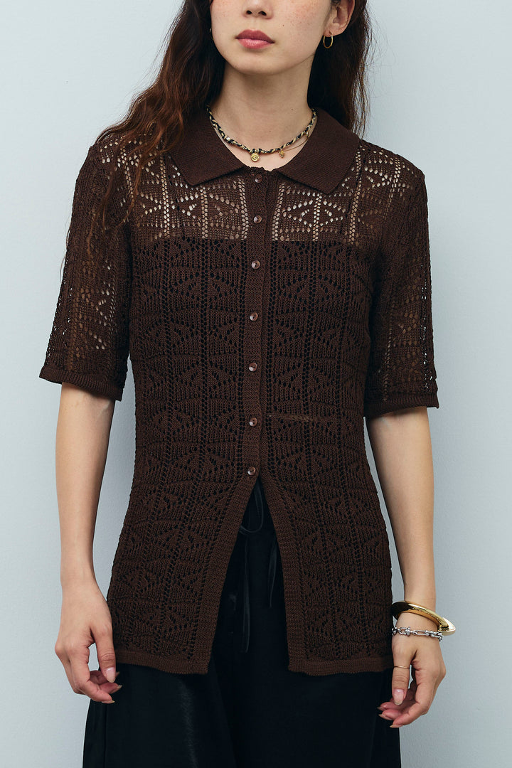 [予約/SET]透かし編みポロニットカーディガン+ウエストドロストサテンパンツ(2set)