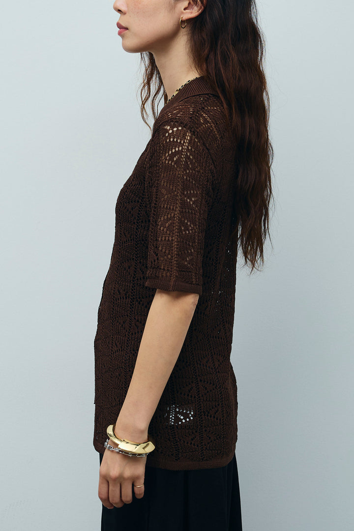 [予約/SET]透かし編みポロニットカーディガン+ウエストドロストサテンパンツ(2set)