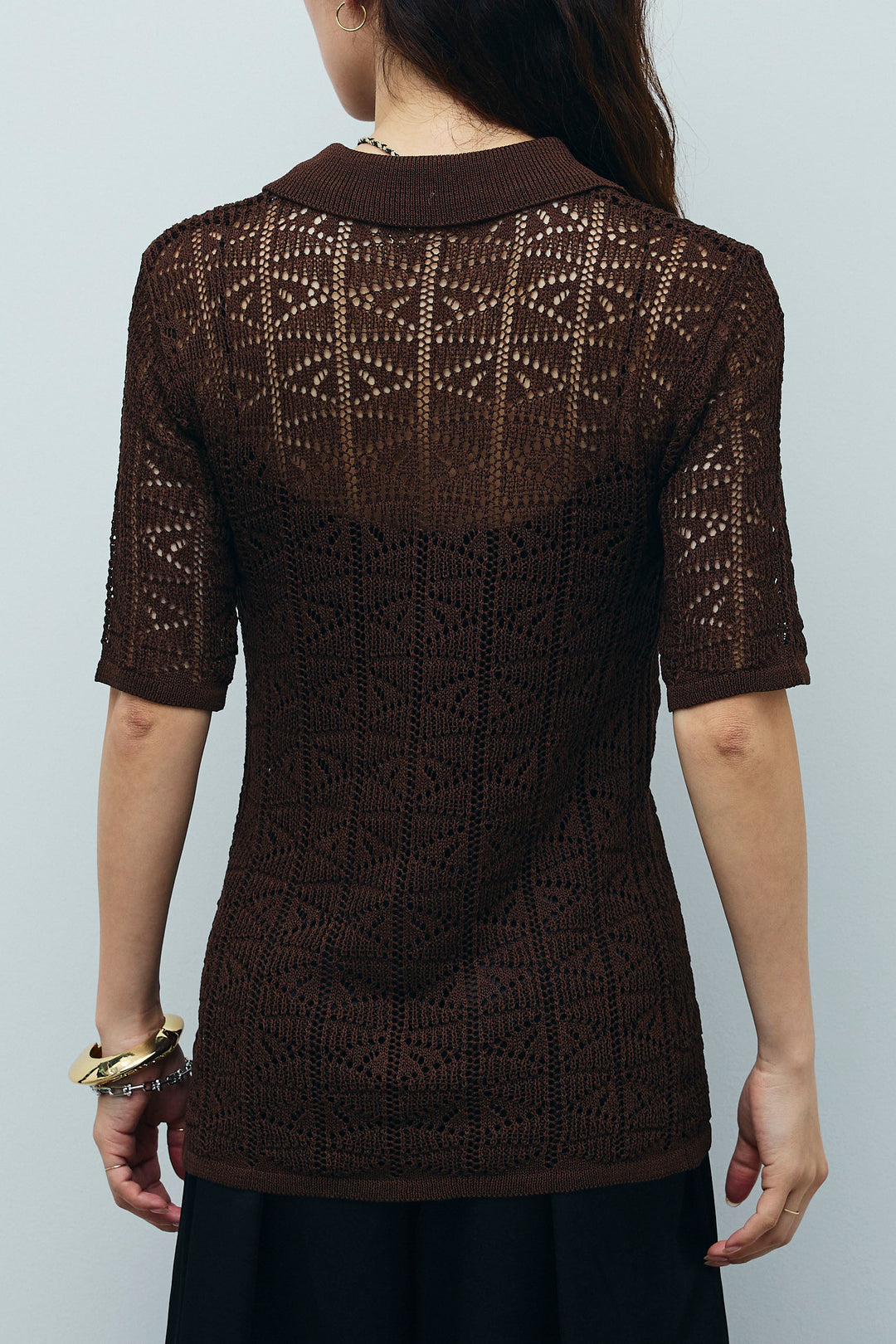 [予約/SET]透かし編みポロニットカーディガン+ウエストドロストサテンパンツ(2set)