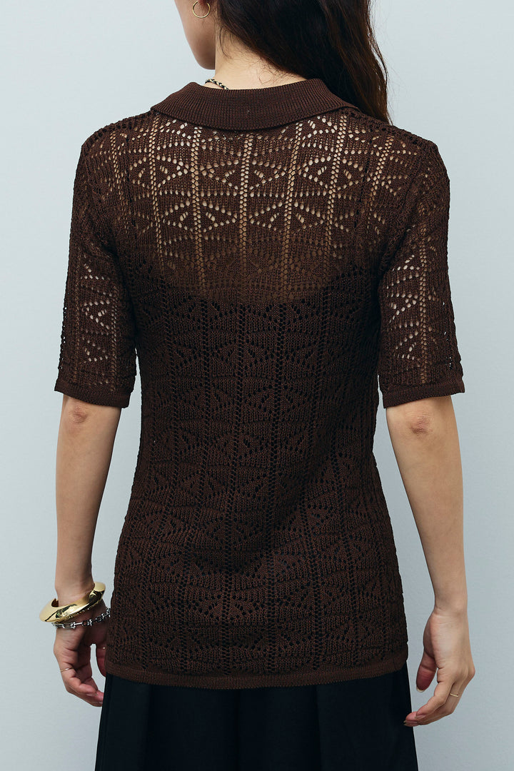 [予約/SET]透かし編みポロニットカーディガン+ウエストドロストサテンパンツ(2set)