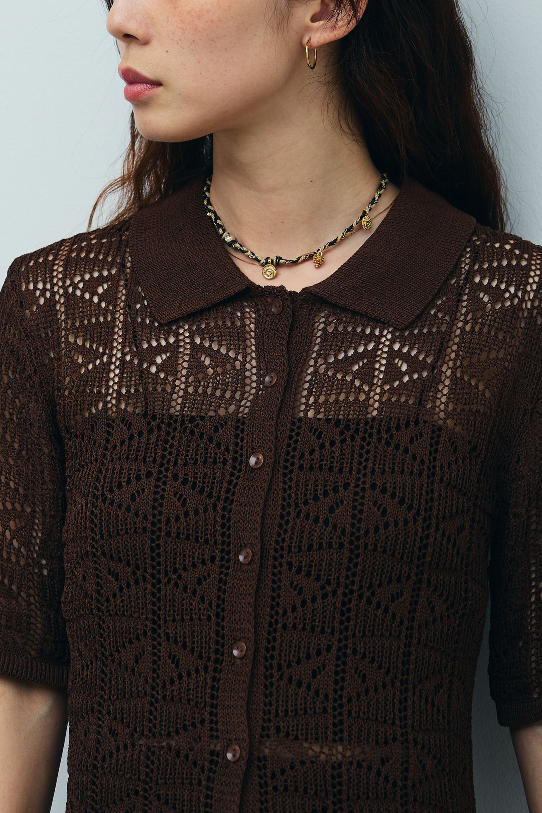 [予約/SET]透かし編みポロニットカーディガン+ウエストドロストサテンパンツ(2set)